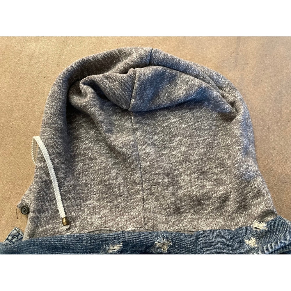 Free People Knit Hooded Denim Jacket Size L Distressed Jean Jacket Tomboy Edgy - Picture 8 of 14